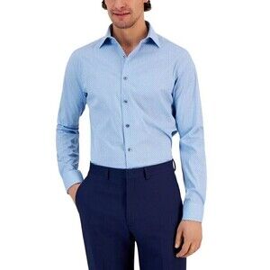 Alfani Men Puzzle-Print Dress Shirt Button Down Slim Fit Light Blue Sz 17-17.5